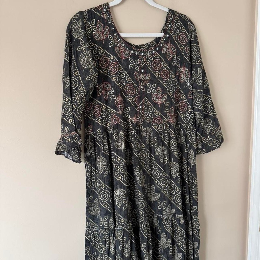 Indian cotton maxi dress XL gray red embroidery gold mirror boho pattern - Picture 8 of 8
